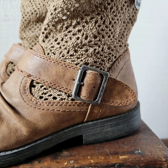 Slouchy moto boot - leather & crochet, Cognac, Women's size 9. - Picture 2 of 10